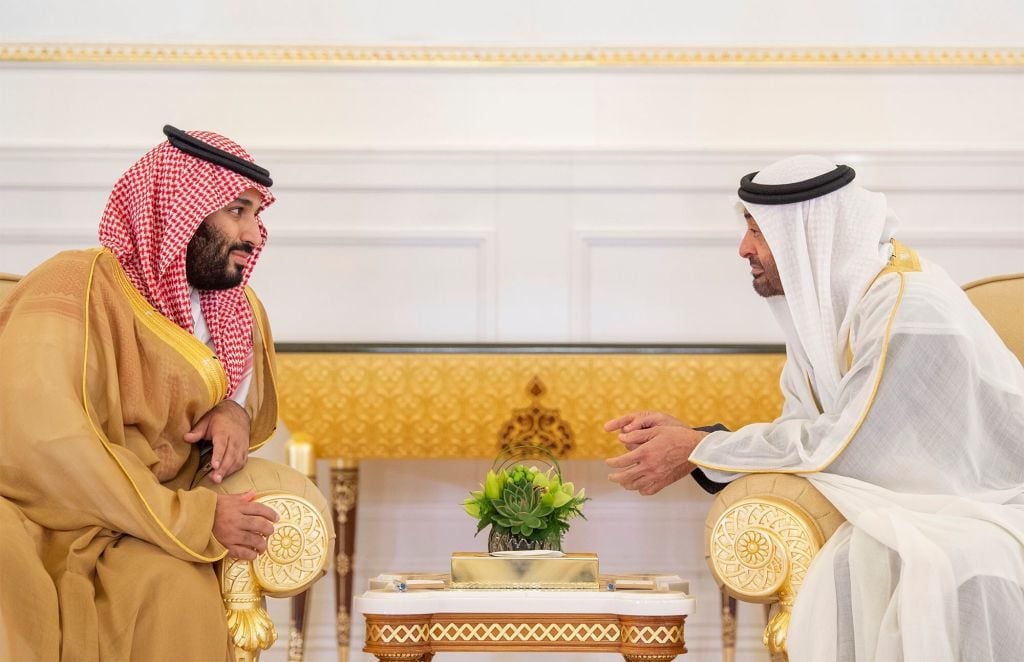 Mohammad bin Salman al-Saud (left) meets Crown Prince of Abu Dhabi Mohammed bin Zayed Al Nahya on November 22, 2018. Photo by Bandar Algaloud/Saudi Kingdom Council/Handout/Anadolu Agency/Getty Images.