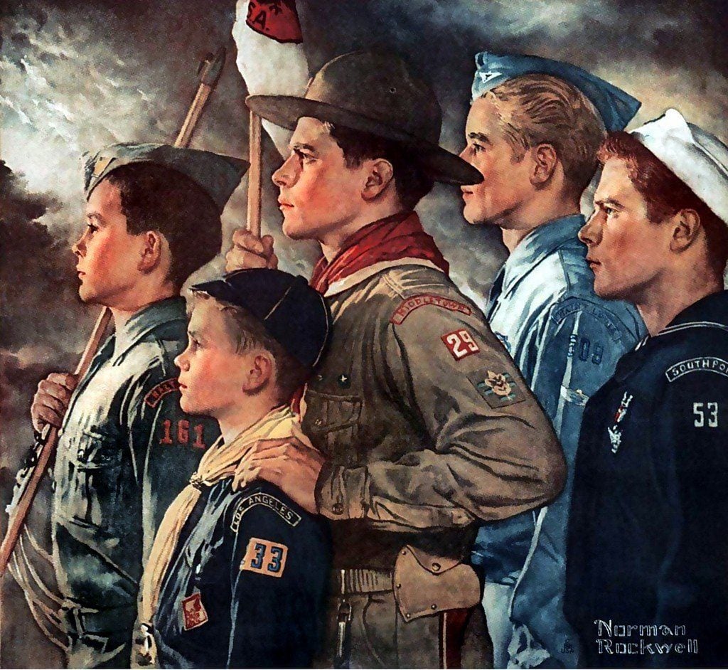 Norman Rockwell, Forward America (1951),. The illustration was made for the Boy Scout calendar. Image courtesy of the Boy Scouts of America.