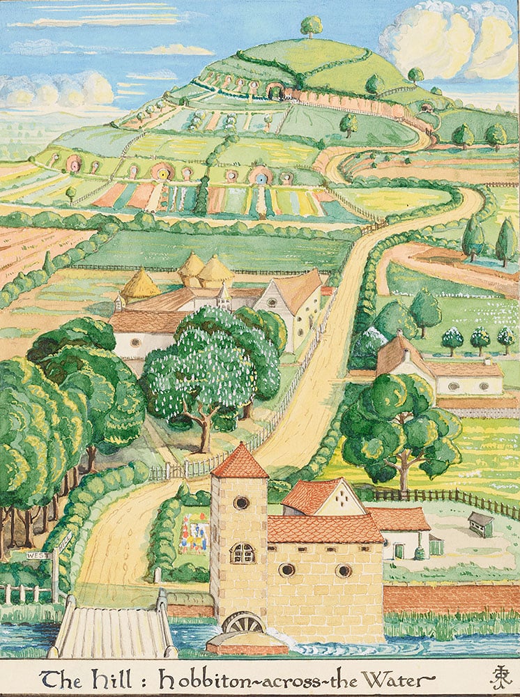 J. R. R. Tolkien (1892–1973), The Hill: Hobbiton-across-the Water, August 1937, watercolor, white body color, black ink. Bodleian Libraries, MS. Tolkien Drawings 26. © The Tolkien Estate Limited 1937.