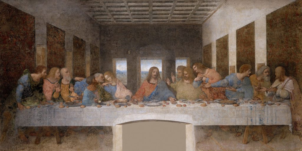 Leonardo da Vinci, <em>The Last Supper</em> (1495–98). Santa Maria delle Grazie Church, Milan. Public domain/Creative Commons <a hred=https://creativecommons.org/licenses/by-sa/4.0/deed.en  target="_blank" rel="noopener">Attribution-Share Alike 4.0 International</a> license.