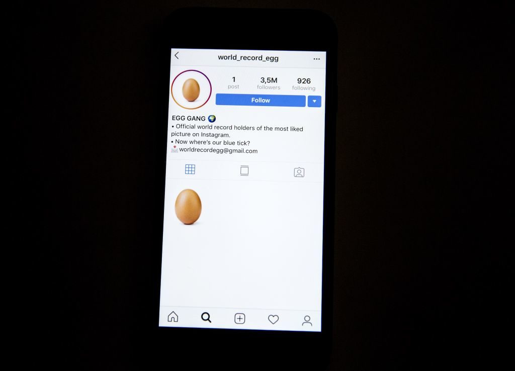 A photo of an egg, the most liked post on the Instagram, is seen on a smart phone in Ankara, Turkey on January 14, 2019. Photo by Ali Balikci/Anadolu Agency/Getty Images.