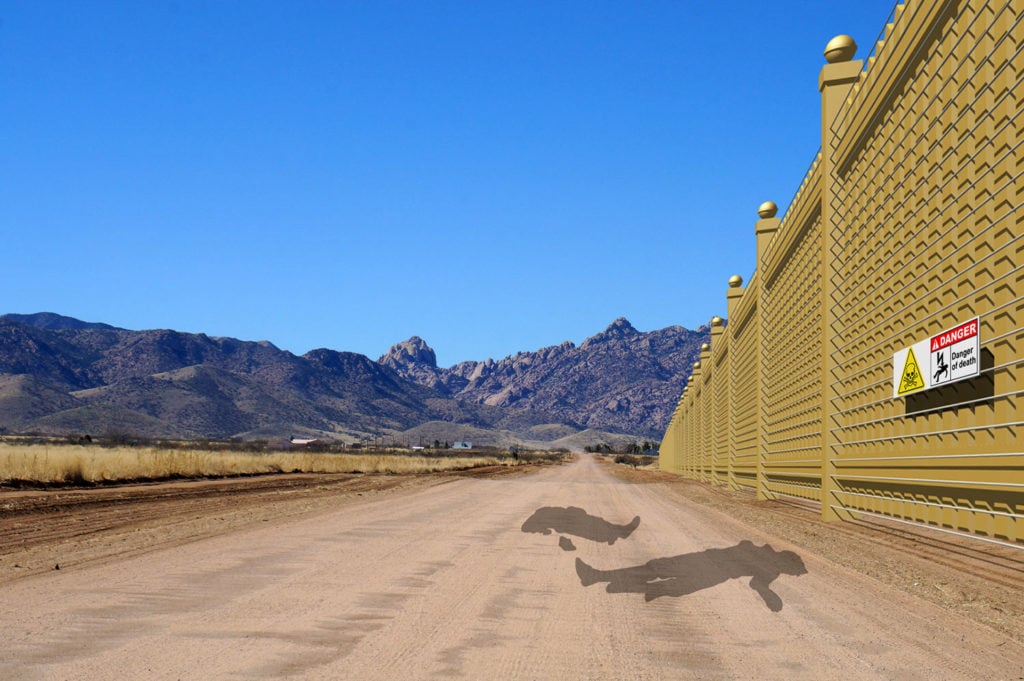 New World Design' rendering of a border wall based on President Donald Trump's most outlandish statements, as seen from the Mexico side, where it is lethally electrified. Image courtesy of New World Projects.