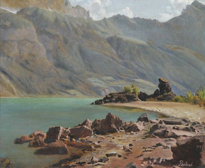 Zeta Behné (Richardson), Untitled (High Sierra Lake), circa 1890, on view in “Something Revealed: California Women Artists Emerge, 1860-1960” at the Pasadena Museum of History. Photo by Martin A. Folb, courtesy Maurine St. Gaudens.
