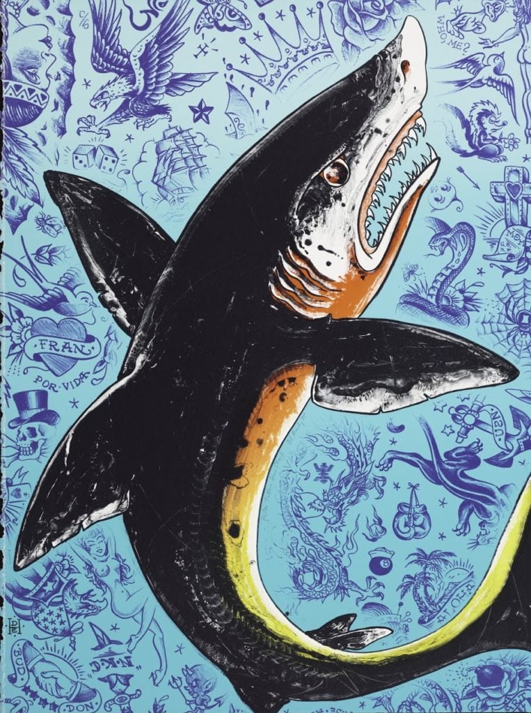 Don Ed Hardy, <em>Tattoo Seas Shark</em> (1995). Courtesy of Ed Hardy/Fine Arts Museums of San Francisco.