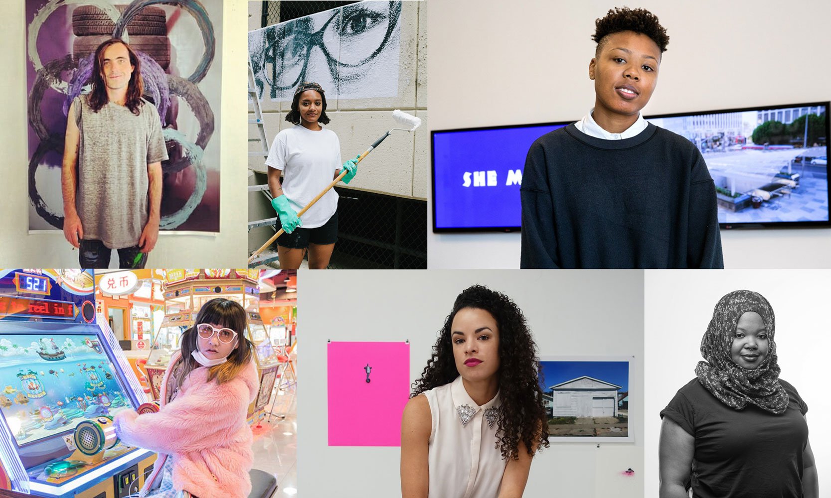 Clockwise from left: Sam Falls (courtesy Brand New Gallery); Tatyana Fazlalizadeh (photo by Teddy Wachholz); Martine Syms (courtesy The Broad); Kameelah Janan Rasheed (courtesy Pinchuk Foundation); Sadie Barnette (courtesy the artist); and Lu Yang (courtesy the artist).