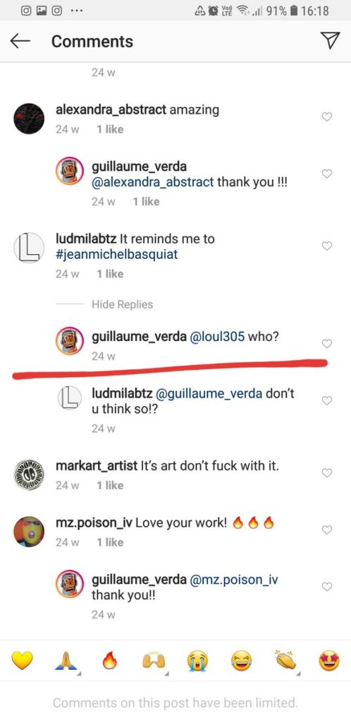 Guillaume Verda claims not to know of Jean-Michel Basquiat in a comment on Instagram. Screenshot via Instagram. 