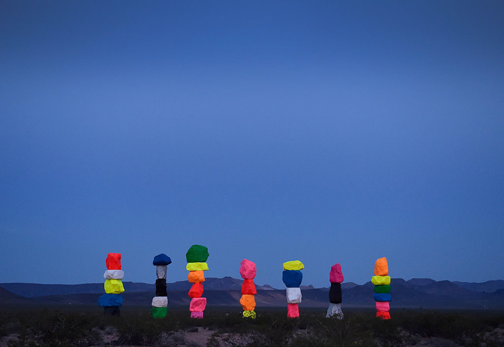 The large-scale public art installation titled Seven Magic Mountains by Swiss artist Ugo Rondinone near Jean, Nevada. Photo: David Becker/AFP/Getty Images.
