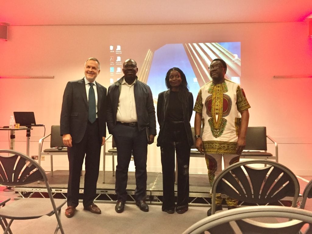 British Museum director Hartwig Fischer with the governor of Edo State Godwin Obaseki, curator Nana Oforiatta Ayim, and the Lagos State tourism commissioner Steve Ayorinde presenting new museum projects in Benin City, Accra, and Lagos. Photo by Naomi Rea.