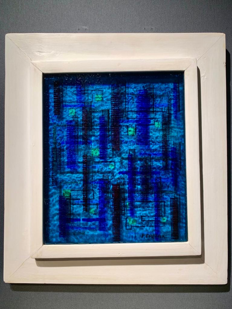 Irene Rice Peireira, <em>Three-Dimensional Composition in Blue</em> (circa 1940) at Hirschl & Adler Galleries, New York. Photo by Sarah Cascone. 