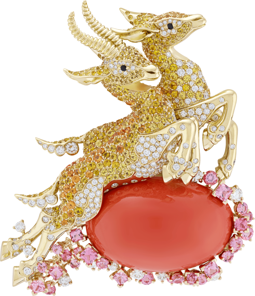 Gazelles clip from Noah’s Ark collection in yellow and pink gold, with diamonds, yellow sapphires, spessartite garnets, pink and black spinels, and coral.