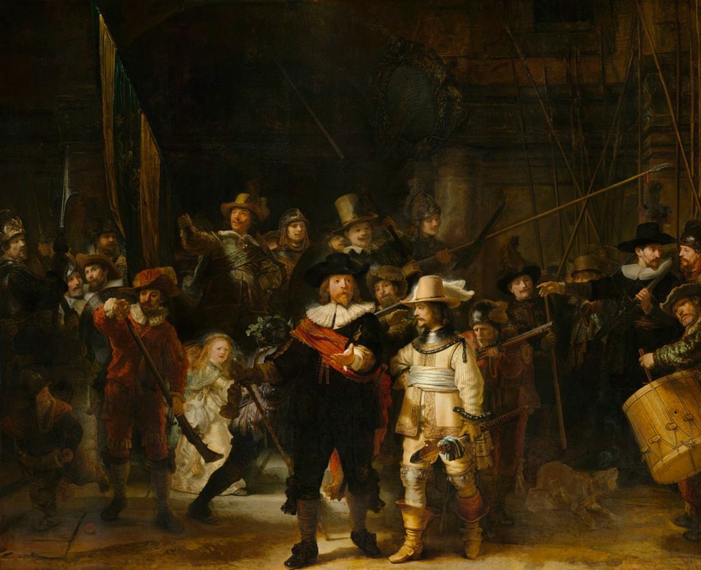 Rembrandt van Rijn, <i>Militia Company of District II under the Command of Captain Frans Banninck Cocq</i> (1642). Known as the <em>Night Watch</em>. Courtesy the Rijksmuseum.