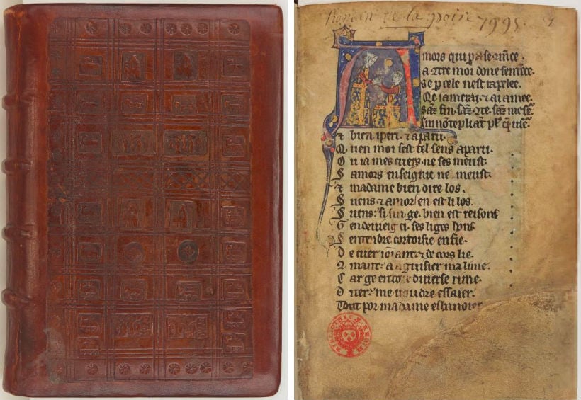 Cover and opening page of Roman de la poire. Image courtesy of Bibliothèque Nationale de France.