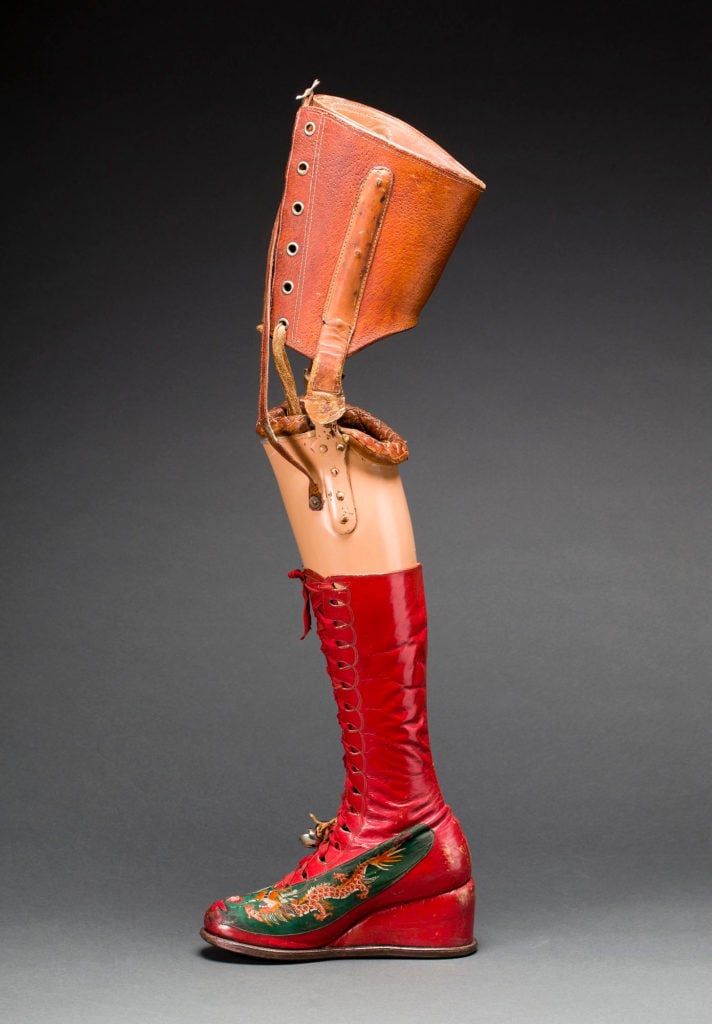 Prosthetic leg with leather boot. Museo Frida Kahlo. Photograph Javier Hinojosa. ©Diego Rivera and Frida Kahlo Archives, Banco de México, Fiduciary of the Trust of the Diego Rivera and Frida Kahlo Museums