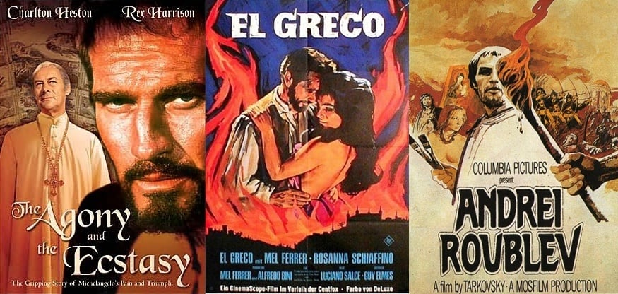 Left to right: Cover images for The Agony and the Ecstasy, El Greco, and Andrei Rublev.
