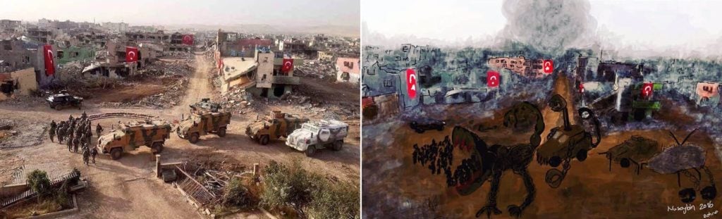Left, the photograph of Nusaybin, Turkey after military forces destroyed it. Right, Zehra Dogan's painting from 2016. 