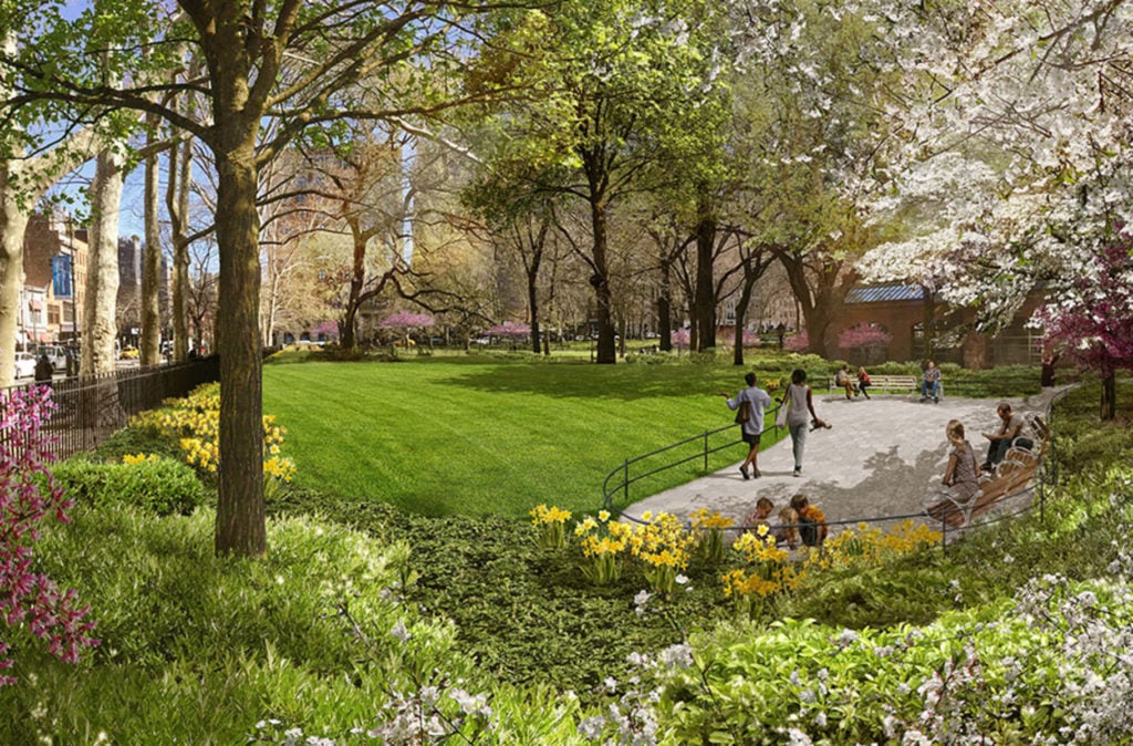 View of the Margaret Mead Garden in Teddy Roosevelt Park at the American Museum of Natural History. Image courtesy of Studio Gang Architects, 2018.
