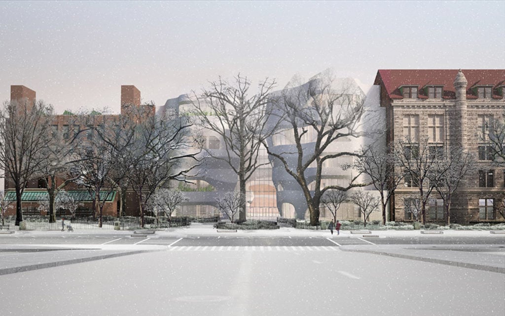 Rendering of leafless winter trees and older buildings flanking the new Gilder Center at the American Museum of Natural History. Image courtesy of Studio Gang Architects, 2018.