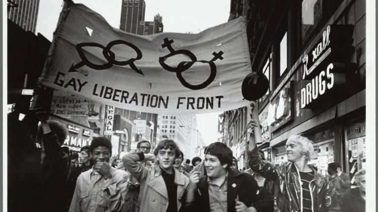 The Gay Liberation Front marching on Times Square in 1970. Photo by Diana Davies/New York Public Library, Manuscripts and Archives.