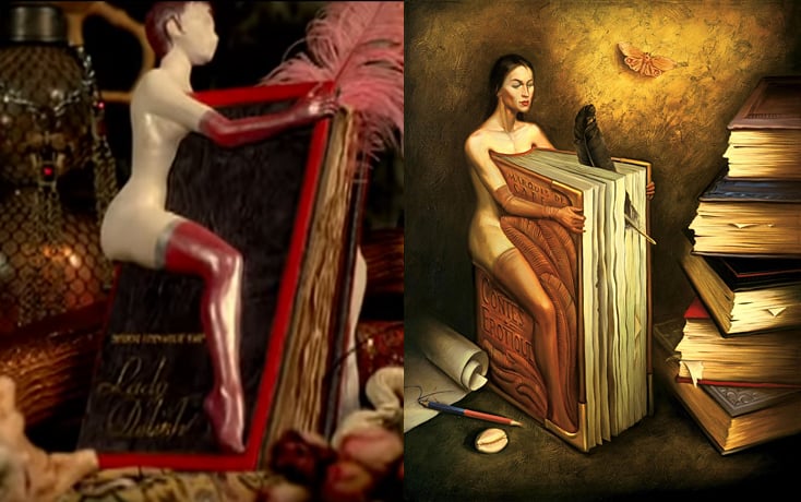 A scene from Pink's "U + Ur Hand" music video compared to Vladimir Kush's painting <em>Countess Erotiques</em>. A copyright case reached a settlement in 2008. Courtesy of the artist/screenshot via YouTube. 