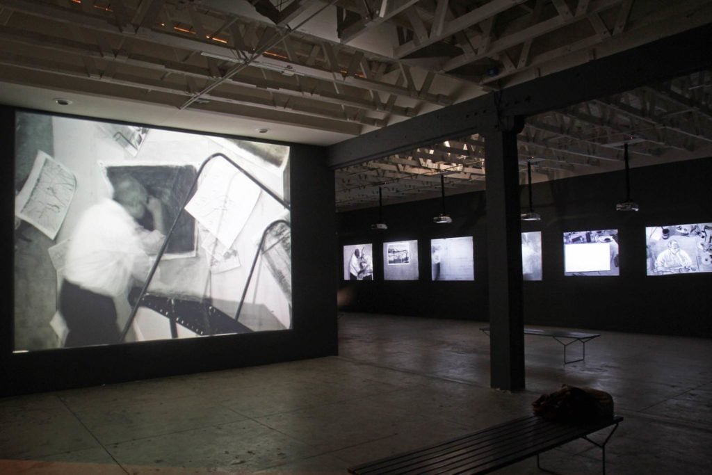 Installation view of "William Kentridge: Journey to the Moon" at the Underground Museum in 2015. Photo by Brian Forrest. Courtesy of the Underground Museum.