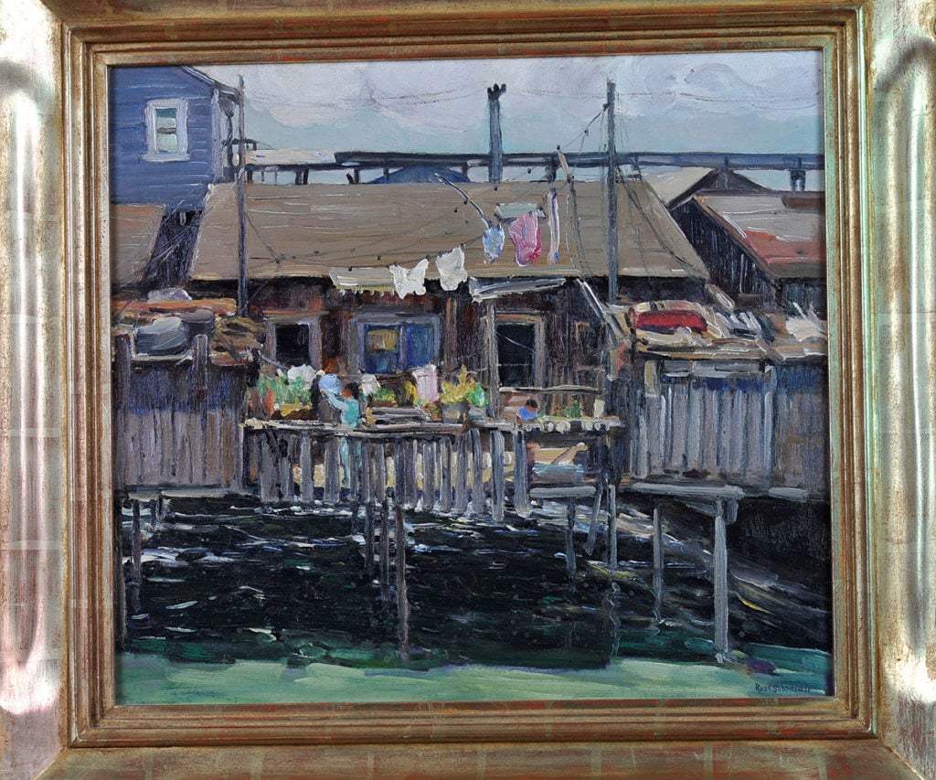 Rose Schneider, <em>Untitled-Shacks, San Diego Harbor</eM>, (1935), on view in “Something Revealed: California Women Artists Emerge, 1860-1960” at the Pasadena Museum of History. Photo by Martin A. Folb, courtesy Maurine St. Gaudens. 