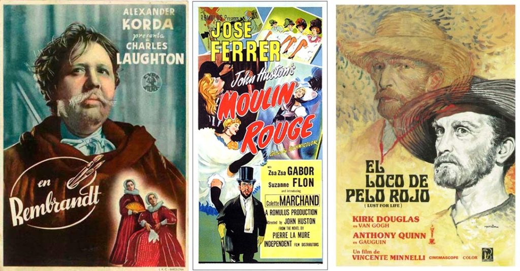 Left to right: Poster for Rembrandt (1936), Moulin Rouge (1952), and Lust for Life (1956).