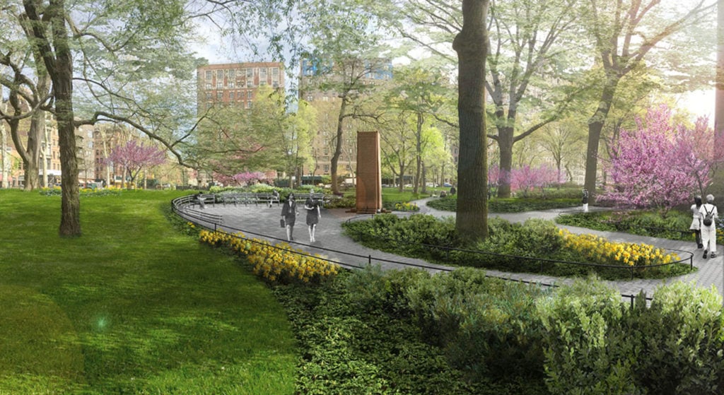View of the Nobel Plaza in Teddy Roosevelt Park at the American Museum of Natural History. Image courtesy of Studio Gang Architects, 2018.