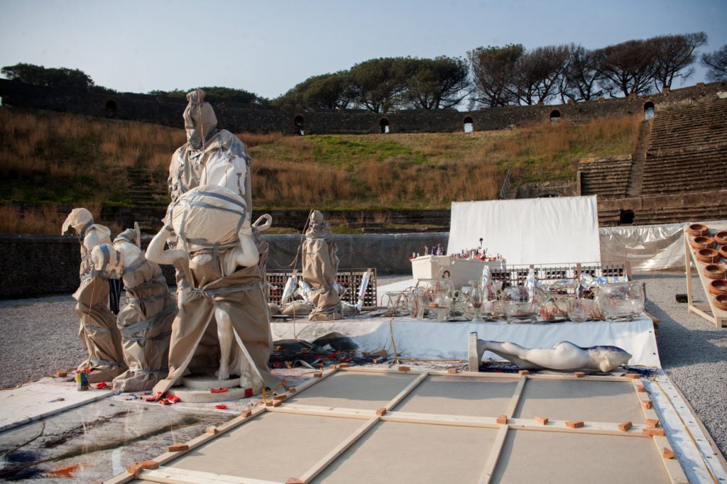 Sculptures lined up prior to the ignition of <i>Explosion Studio</i>. Photo: Biagio Ippolito.