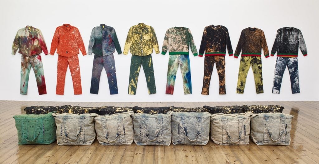 Installation view of Sterling Ruby's 2016 Sprüth Magers show, "Work Wear: Garment and Textile Archive 2008–2016." Photo courtesy of Sprüth Magers.
