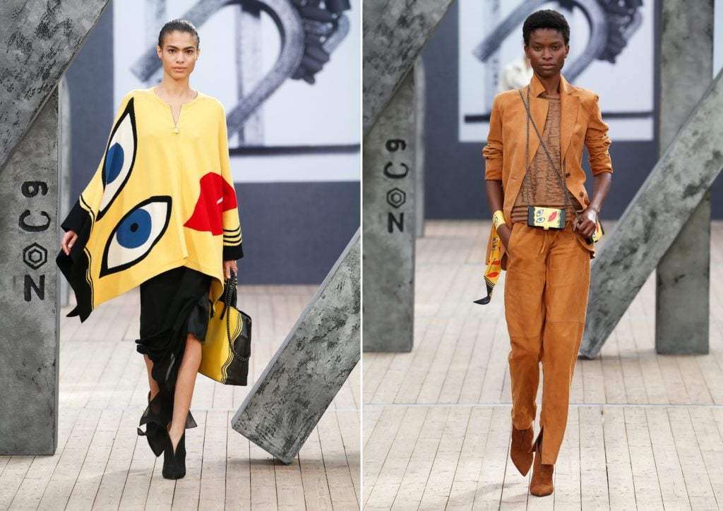 Akris Spring/Summer 2019 Runway. Courtesy of Akris: Elements from Geta’s <i>Self Portrait</i> (2011) seen in yellow poncho and handbag.