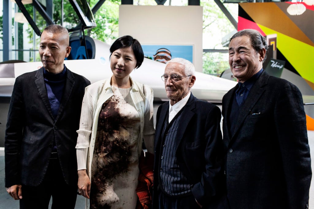Cai Guo-Qiang, Hong Hong Wu, Alessandro Mendini and Issey Miyake on the 30th anniversary of the Fondation Cartier, 2014. Photo: Thomas Salva Lumento.