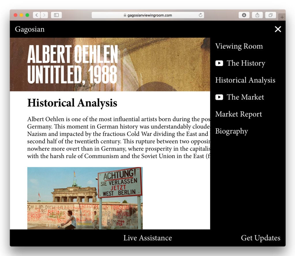 The 'Historical Analysis' page in Gagosian's third online viewing room, devoted entirely to Albert Oehlen's Untitled, 1988. Courtesy of Gagosian.
