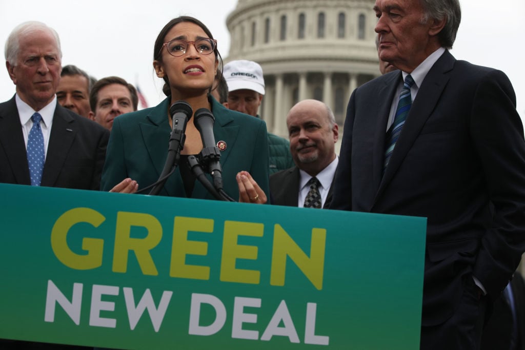 U.S. Rep. Alexandria Ocasio-Cortez speaks about the Green New Deal during a news conference outside the U.S. Capitol in February 2019. (Photo by Alex Wong/Getty Images)