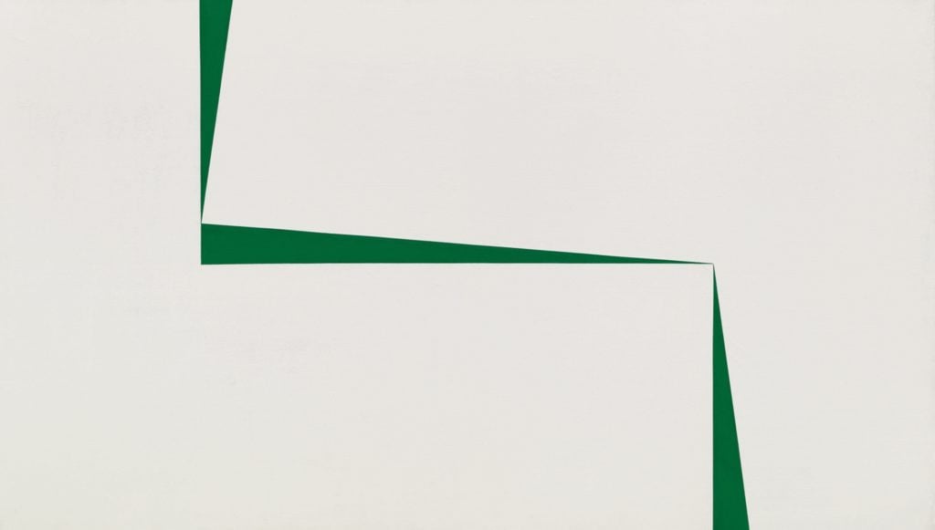 Carmen Herrera, Blanco y Verde (1966–67) sold for $2.9 million at the Miss Porter's School "By Women for Tomorrow's Women" benefit auction at Sotheby's New York, a world record for the artist. Courtesy of Sotheby's New York.