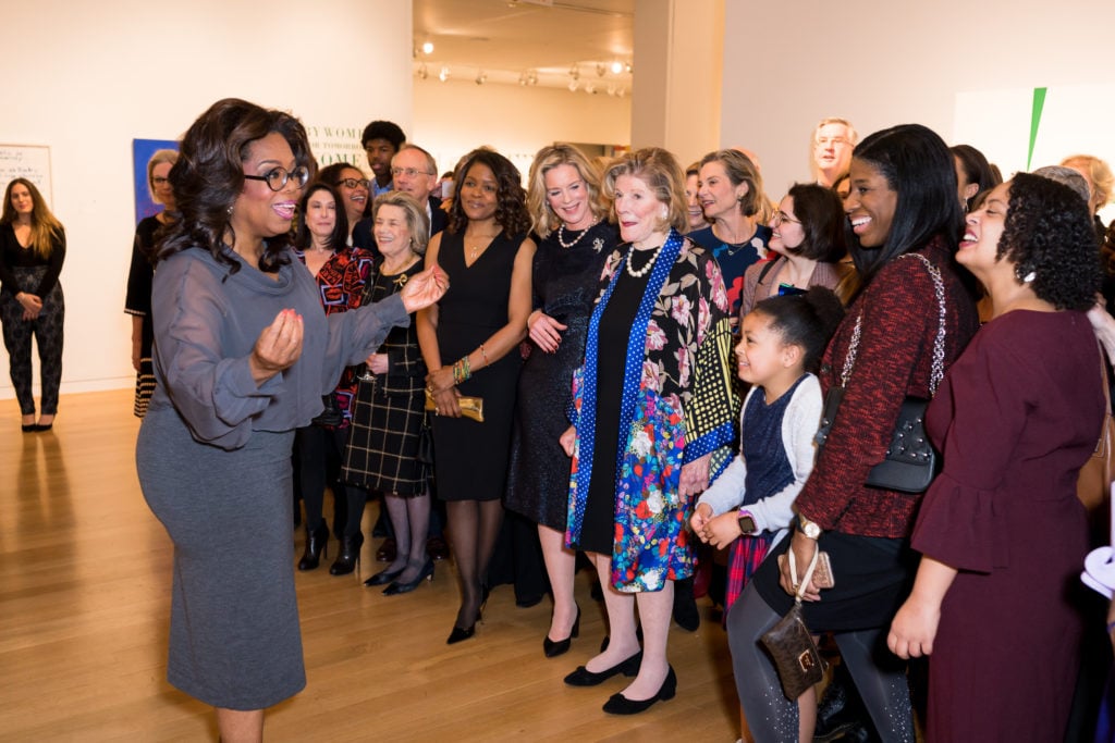 Miss Porter's School head Katherine Windsor, Agnes Gund, and Oprah Winfrey at the "By Women, for Tomorrow's Women" pre-sale celebration. Photo by Ben Rosser, courtesy of BFA.