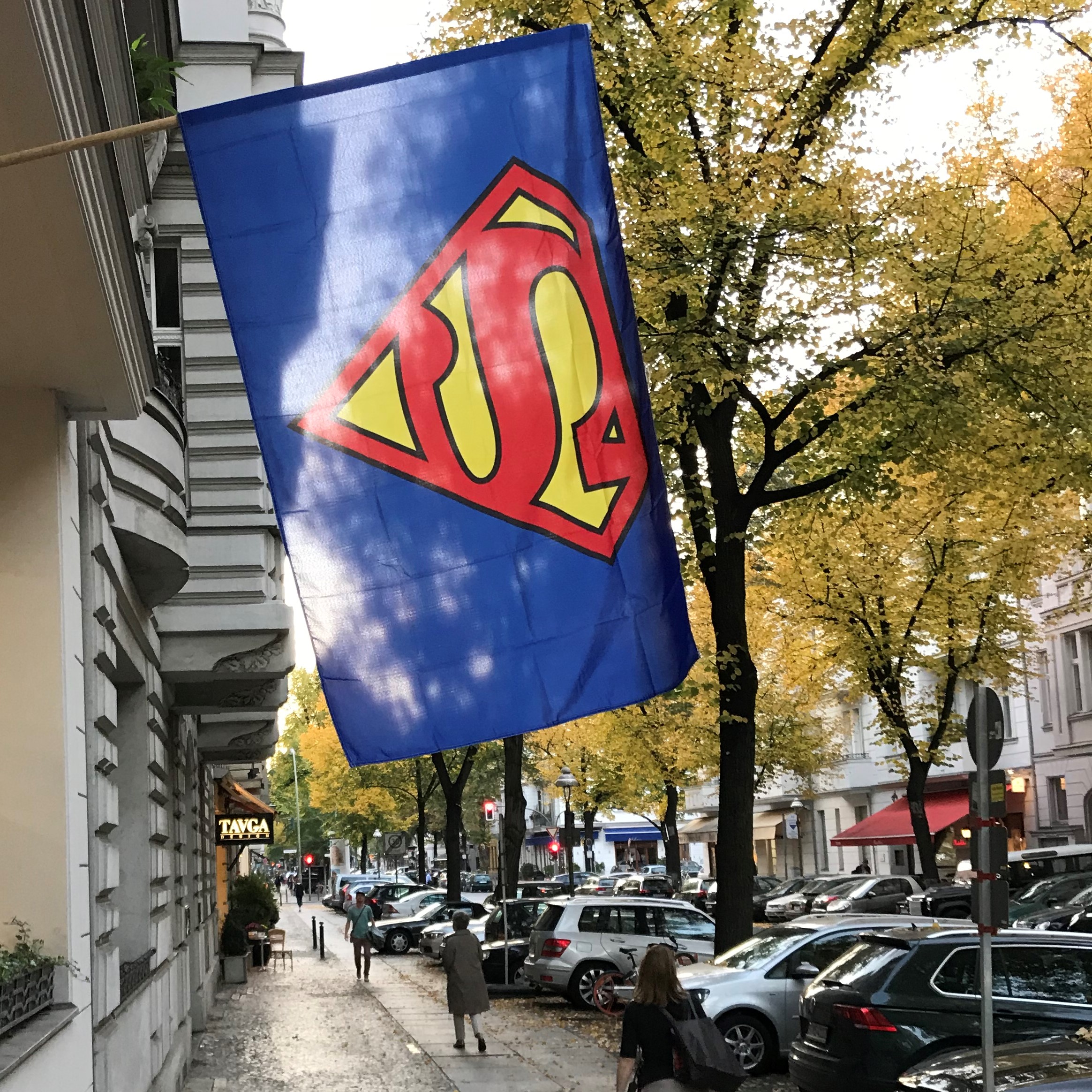 A flag presented outside Katherine Bradford's exhibition "Superman Returns With Summer" at Berlin's Philipp Haverkampf Gallery. Photo by Philipp Haverkampf.