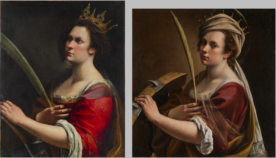 Left: the Uffizi's <i>Saint Catherine of Alexandria</i> (1618–20). Right: the National Gallery's <i>Self Portrait as Saint Catherine of Alexandria</i> (1615–17).