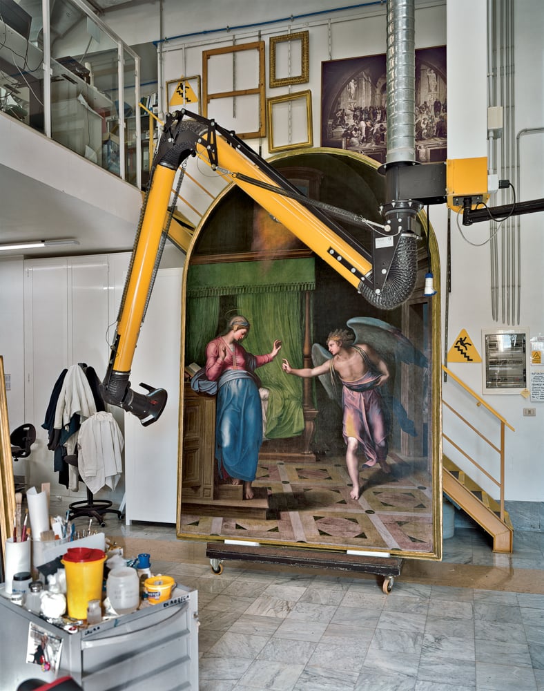 <em>The Annunciation</em>, a 16th-century work by Marcello Venusti, inside the Vatican Museums’ Painting and Wood Materials Restoration Laboratory. Photo by Robert Polidori for <em>WSJ Magazine</em>.