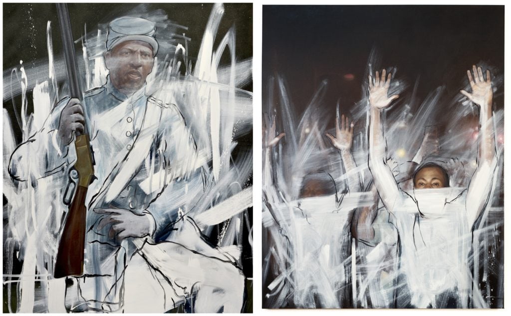 Titus Kaphar, <i>The Fight for Remembrance II</i> (2014); and <i>Yet Another Fight for Remembrance</i> (2014). Courtesy of the artist.