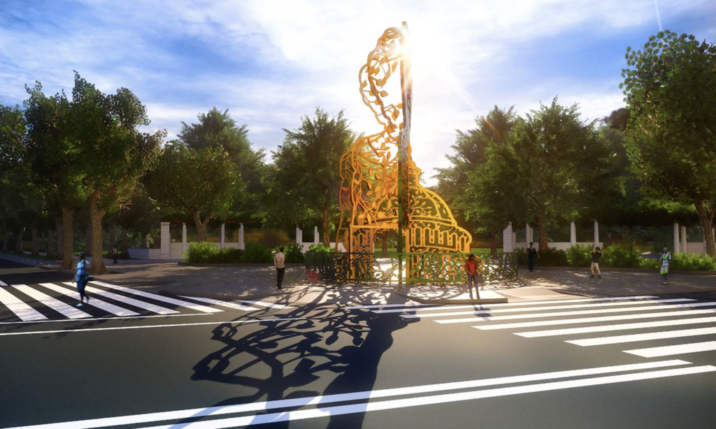 Amanda Williams & Olalekan Jeyifous's proposal for the Shirley Chisholm monument. Rendering courtesy of She Built NYC. 