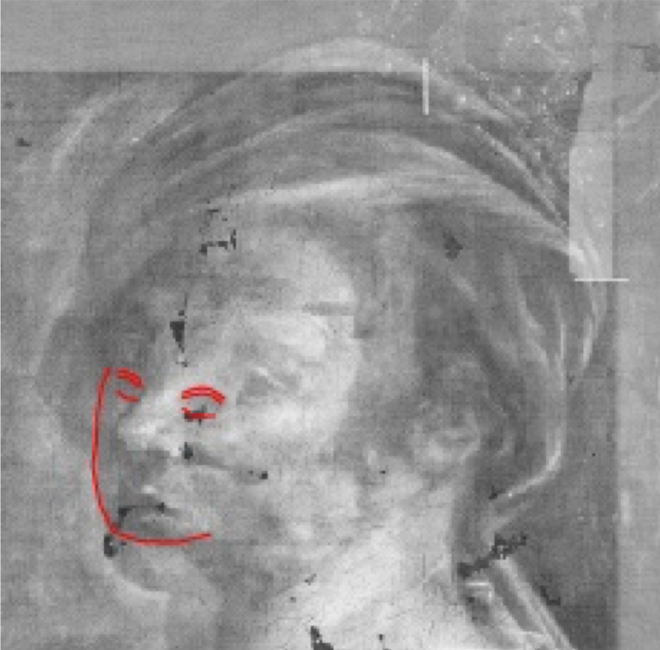 The preliminary small face traced beneath Gentileschi's <i>Saint Catherine of Alexandria</i>.
