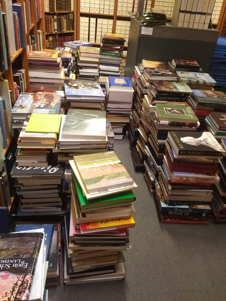 Books belonging to Sr. Wendy Beckett being sorted. Photo courtesy of Thomas Heneage Art Books, London.