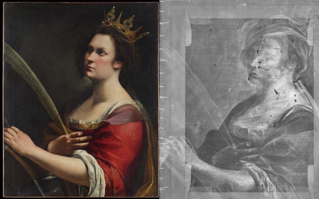 Left: Artemisa Gentileschi, Saint Catherine of Alexandria (1618–20). Uffizi Galleries, Florence. Right: the same portrait under X-Ray.
