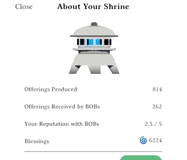 Detail of the "About My Shrine" screen in the BOB Shrine app.