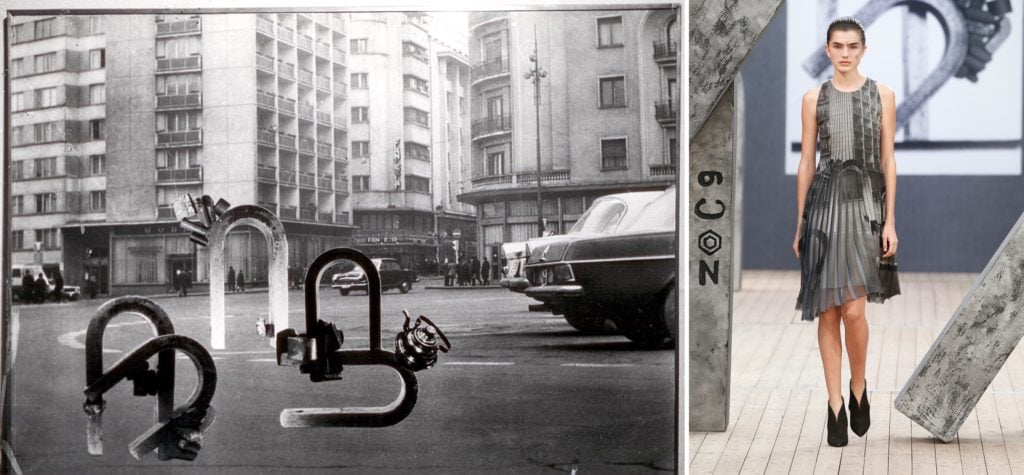 Left: Geta Brătescu, <i>Magnetii in Oras (Magnets in the City) </i>(1974). Courtesy Hauser& Wirth. Right: A look from Akris SS19 Runway Show. Courtesy of Akris.