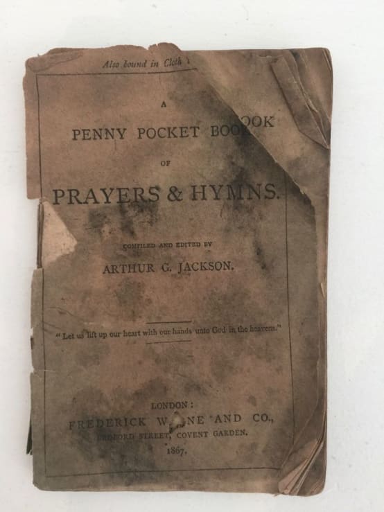 A prayer book found under the floorboards at 87 Hackford Road, where Vincent van Gogh lived in 1873 and 1874. Photo by Martin Bailey. 