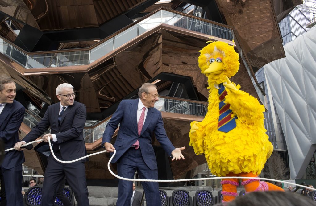 Developer Stephen Ross joins bankers, publicists, politicians, Anderson Cooper, and Big Bird at the opening of the Hudson Yards development on March 15, 2019 on the west side of Manhattan, New York City. Photo by Andrew Lichtenstein/Corbis via Getty Images,