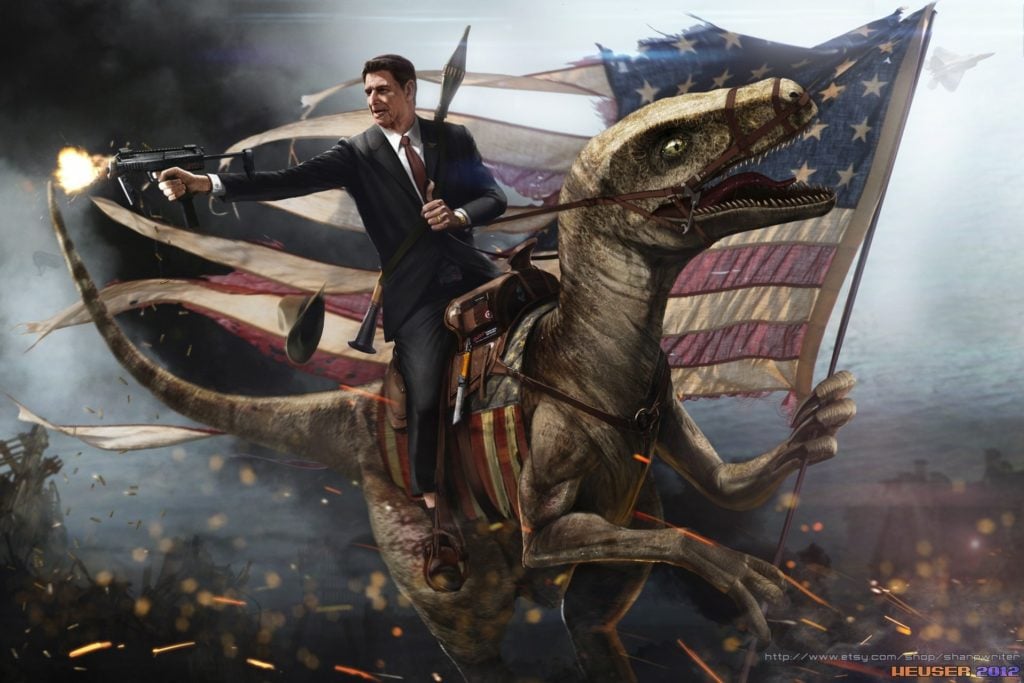 Jason Heuser, Ronald Reagan Riding a Velociraptor (2012). Courtesy of the artist.
