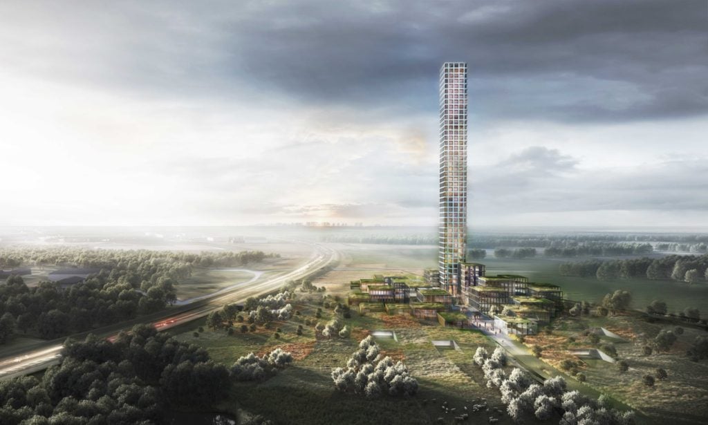 A rendering of Bestseller's Tower and Village project in Brande, Denmark, which is set to become the tallest building in Europe. Image courtesy of Dorte Mandrup/Bestseller.