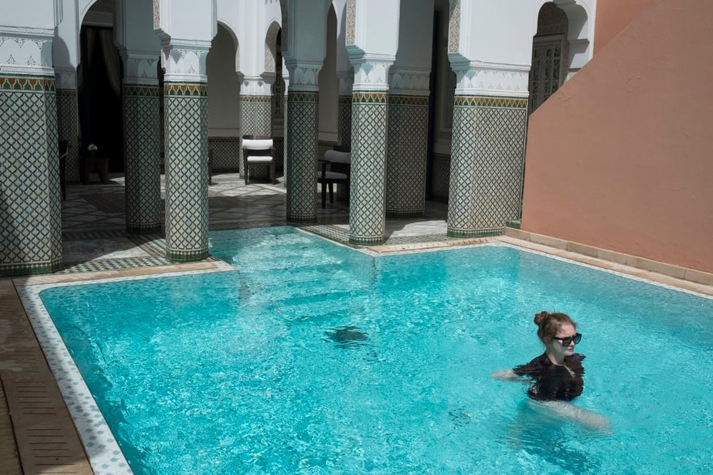 Anna Sorokin Delvey in the pool of the private villa at La Mamounia in Morocco. Pictures of the trip were entered as evidence in the ongoing trial in New York State Supreme Court.